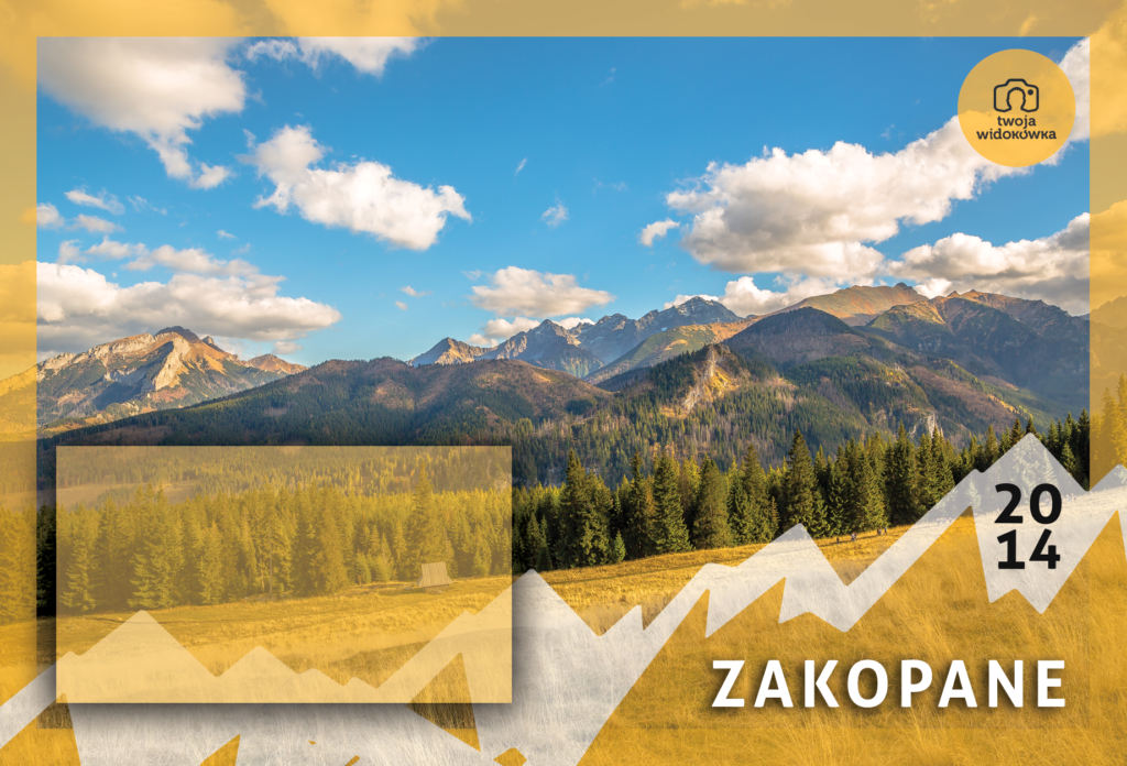 Złota widokówka z Zakopanego z panoramą Tatr